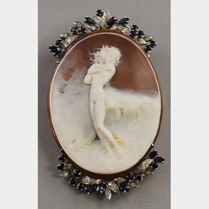 18kt White Gold, Diamond, and Sapphire-framed Shell-carved Cameo Pendant/Brooch