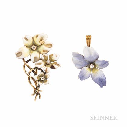 Two Art Nouveau 14kt Gold and Enamel Flower Brooches