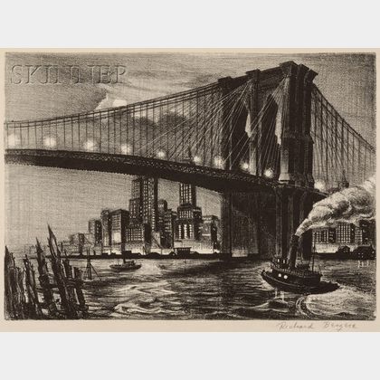 Richard Bergere (American, b. 1912) Twilight Over Brooklyn Bridge