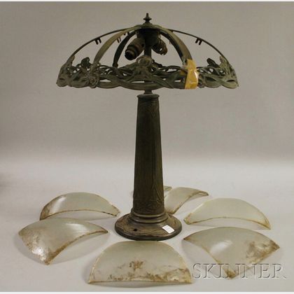 Arts & Crafts Cast Metal Table Lamp with Colorless Striated Glass Bent Panel Shade