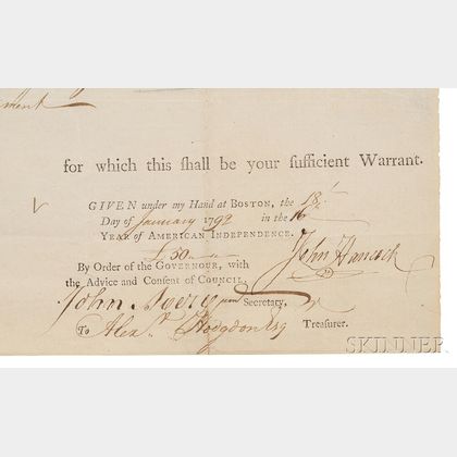 Hancock, John (1737-1792) Document Signed, Boston, 18 January 1792.