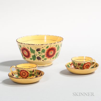 Canary Bowl and Two Teacups and Saucers