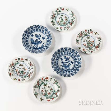 Two Blue and White Dishes and Four Famille Verte Dishes