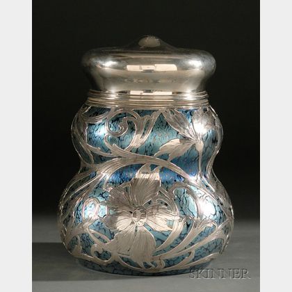 American Silver Overlay and Blue Favrile-style Glass Covered Jar