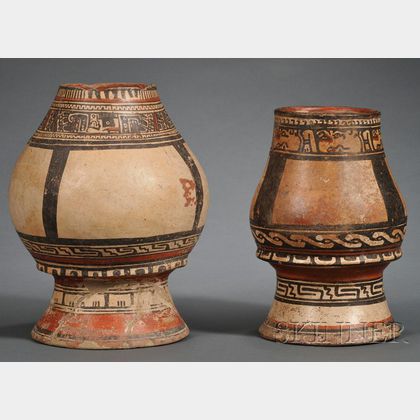 Two Pre-Columbian Polychrome Pottery Pedestal Urns