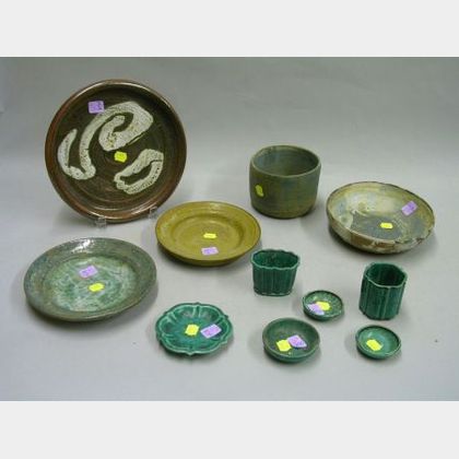Six Small Gustavsberg Silver Overlaid Glazed Stoneware Table Items and Five Pieces of Modern Studio Art Pottery