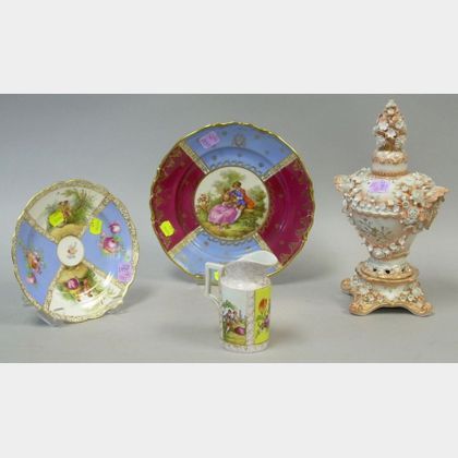 Two Meissen-style Porcelain Plates, a Creamer, and a Floral Encrusted Covered Urn on Footed Base. 