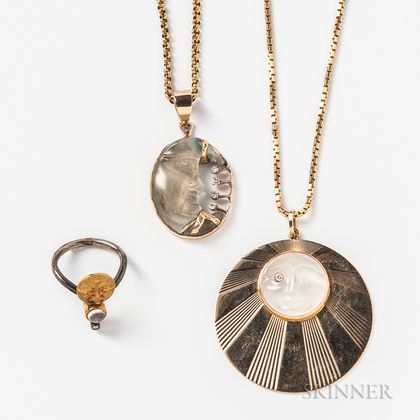 Two 14kt Gold and Moonstone Necklaces and a Moonstone Ring
