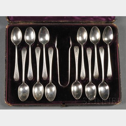 Boxed Victorian Silver Teaspoons and Sugar Tong Set