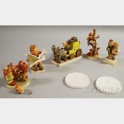 Five Hummel Ceramic Figural Groups and Two Collector's Club Medallions