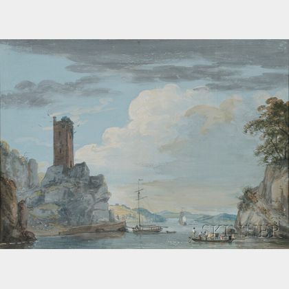 Attributed to Paul Sandby (British, 1725-1809) River Landscape with Ferry and Ruined Tower