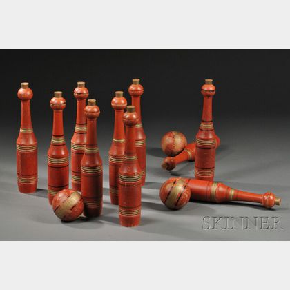 Set of Ten Red-Painted Turned Wooden Bowling Pins and Three Balls