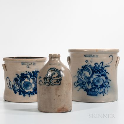 Three Cobalt Floral Decorated Stoneware Items