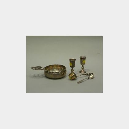 English Sterling Silver Porringer, Pair of Russian Silver Goblets, a Silver Ladle and Spoon. 