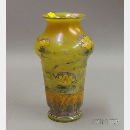 Iridescent Yellow Glass and Enamel Handpainted Vase