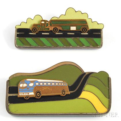 Two Robin Quigley Sterling Silver, Polymer, and Enamel Transportation-themed Pins