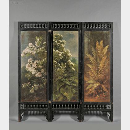 Benjamin Champney (American, 1817-1907) Three-Panel Floor Screen Painted with Floral Motifs of Ferns, Laurel, and Elderberry