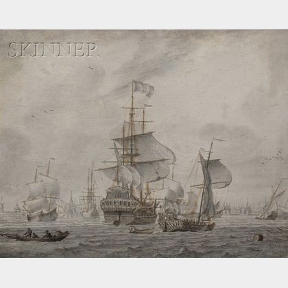 Cornelis Bouwmeester (Dutch, 1652-1733) Lot of Two Marine Paintings: Vessels in Port in Calm Seas