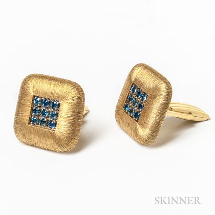 Pair of 14kt Gold and Sapphire Cuff Links