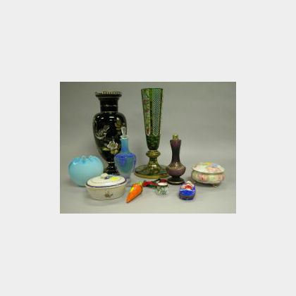 Group of Ten Decorated Glass, Enamel and Porcelain Items