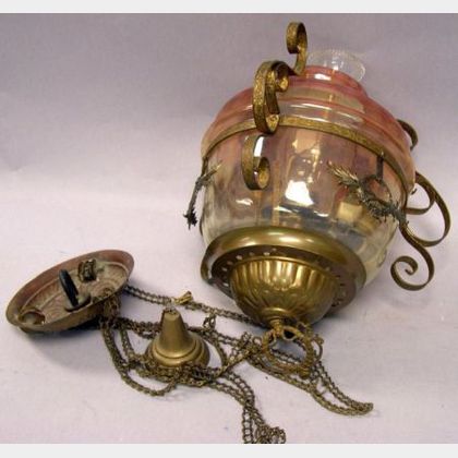 Victorian Gilt Brass Framed Art Glass Hanging Hall Lamp. 