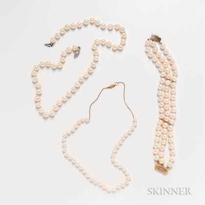 Two Cultured Pearl Necklaces and a Triple-strand Cultured Pearl Bracelet
