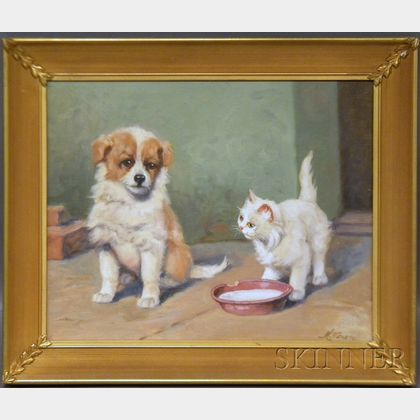 American School 20th Century Oil on Masonite Kitten and Puppy with Bowl of Milk