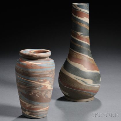 Two Niloak Missionware Vases, Two Fulper Vases and Nine Other Pottery Items