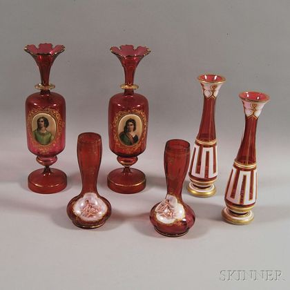 Three Pairs of Ruby Glass Vases
