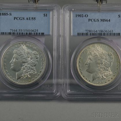 1885-S Morgan Dollar PCGS AU55 and a 1902-O Morgan Dollar PCGS MS64. Estimate $100-200