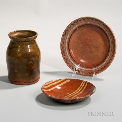 Two Redware Plates and a Jar
