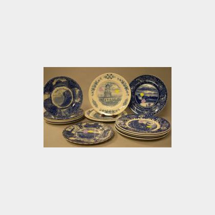 Thirteen Blue and White Historical Transfer Decorated Staffordshire Plates