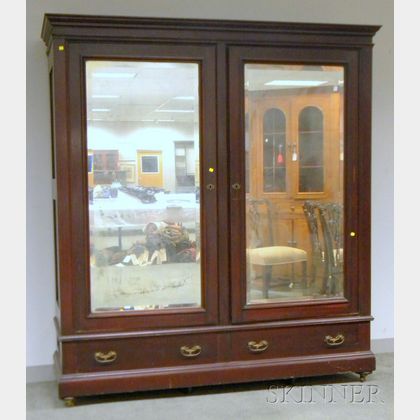 Late Victorian Cherry Mirrored Two-Door Wardrobe Cabinet