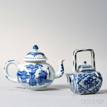 Two Small Blue and White Porcelain Covered Teapots