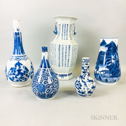 Five Blue and White Vases