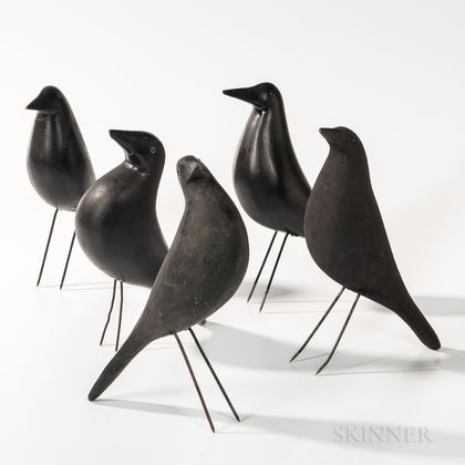 Five Carved and Black-painted Crow Decoys
