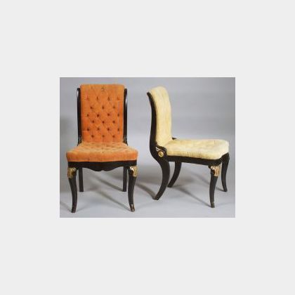 Four Napoleon Ebonized and Parcel-gilt Tufted Velvet Upholstered Slipper Chairs
