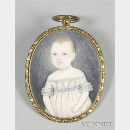 Portrait Miniature of a Young Child Wearing a White Dress with a Blue Sash