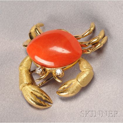 18kt Gold, Coral, and Diamond Crab Brooch