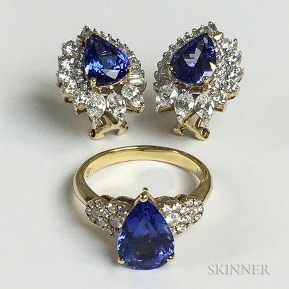 18kt Gold, Tanzanite, and Diamond Ring and a Pair of 14kt Gold, Tanzanite, and Diamond Earrings