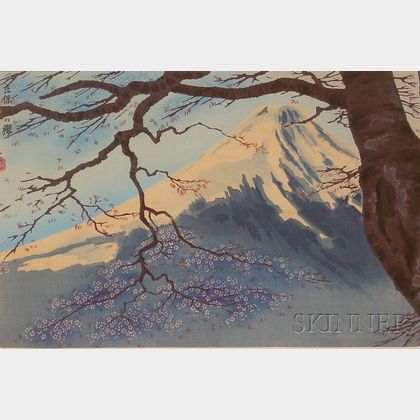 Tomikichiro Tokuriki (Japanese, 1902-1999) Mt. Fuji and Cherry Blossoms at Tateho.