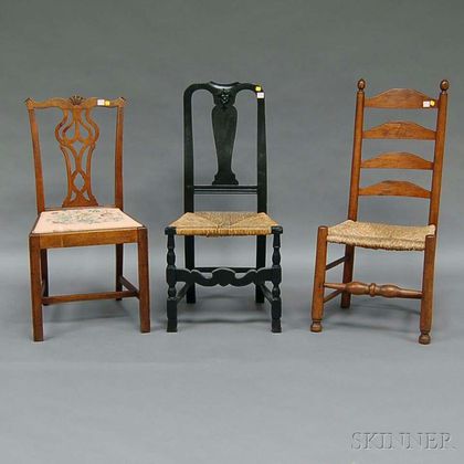 Charak Furniture Chippendale-style Carved Mahogany Side Chair and Two Country Side Chairs