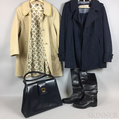 Burberry Brit Cotton Jacket, Coach Trench Coat, Lanvin Leather Tote Bag, and a Pair of Italian Black Leather Boots