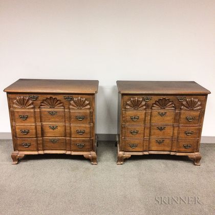 Pair of Chippendale-style Bench-made Mahogany Shell-carved Block-front Bureaus
