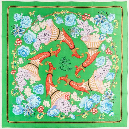 Framed Hermes "Fleurs et Raisins" Green Silk Scarf