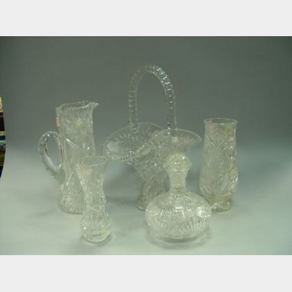 Colorless Brilliant Cut Glass Decanter, Large Handled Basket, and Three Vases. 