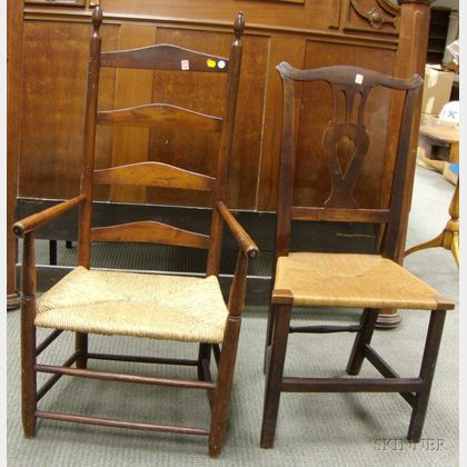 Country Chippendale Carved Cherry Side Chair and a Maple Slat-back Armchair