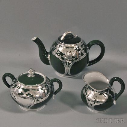 Three-piece Silver Overlay and Ceramic Tea Service