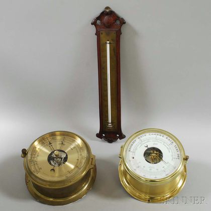 Two Brass-cased Aneroid Wall Barometers and a Thermometer
