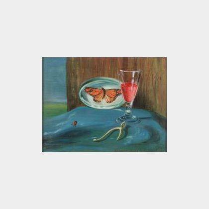 Ethelyn Hurd Woodlock (American, 1907-2001) Surrealist Still Life with Wine Goblet, Wishbone, and Butterfly
